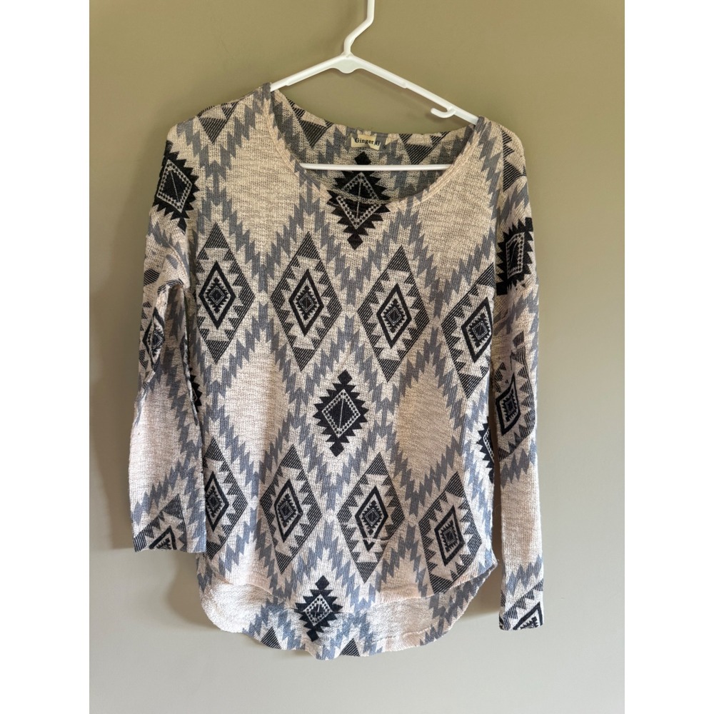 Ginger G Womens Tribal Southwestern Print Knit Top Beige Grey Black Medium